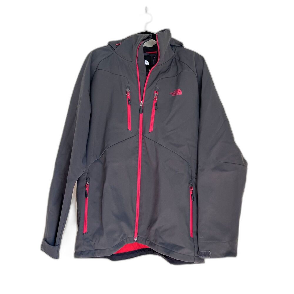 The North Face Men’s Large Gray Red Hooded Softshell Fleece Jacket Full Zip
